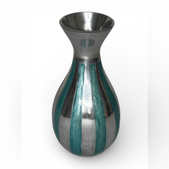 Other - Handcrafted Aluminum & Enamel Decorative Vase 10” Silver Teal Made In India Boho